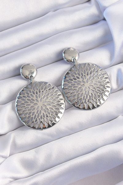 Avantaj Kapıda ®   Brass Silver Color Oval Embroidered Earrings