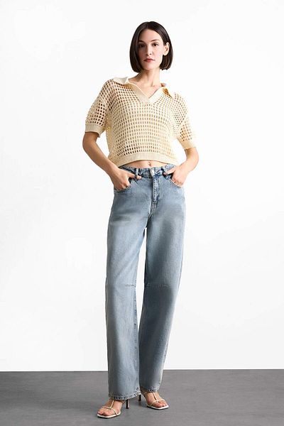 DeFacto Polo Neck Crochet Short Sleeve Top F7451Ax25Hs