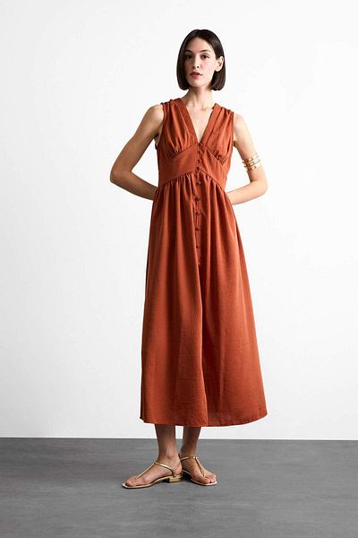 DeFacto V Neck Button Sleeveless Maxi Dress F7453Ax25Hs