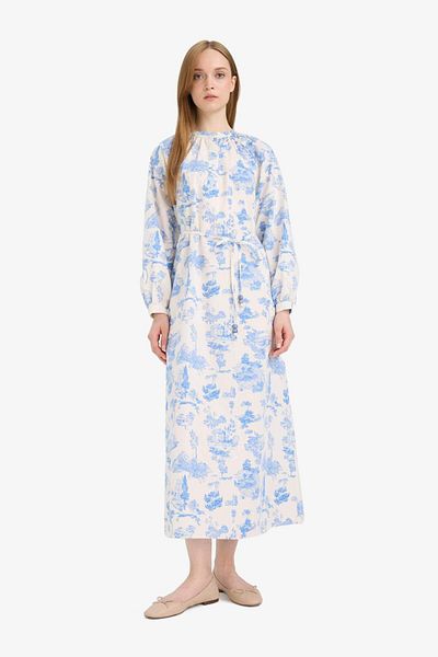 DeFacto Relax Fit Crew Neck Floral Poplin Lace-Up Long Sleeve Maxi Dress F4554Ax25Hs