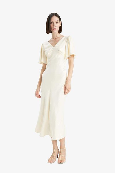 DeFacto V Neck Satin Short Sleeve Midi Dress F6036Ax25Sm