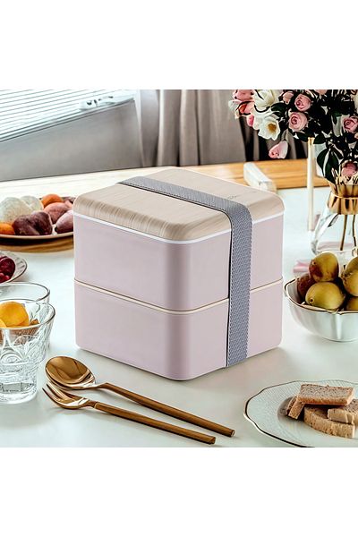 COOYA Double-layer bento lunch box, 1400 ml, portable and leak-proof, BPA-free, 13.5x13.5x13 cm, pink