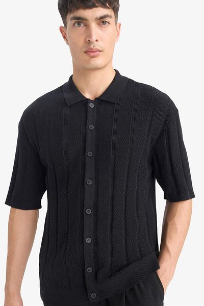 DeFacto 100% Cotton Standard Fit Polo Neck Short Sleeve Black Knitwear T-Shirt E4605Ax25Sm