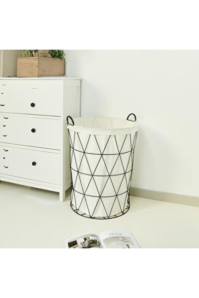 Generic HONEY BEE Round Shaped Open Top Iron Laundry Hamper with Handle White and Black SSB0549A-C