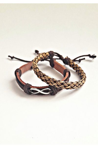 BSN Store 2-Pack Fashionable Khaki Leather Bracelet Accessory with Eternity Figure
