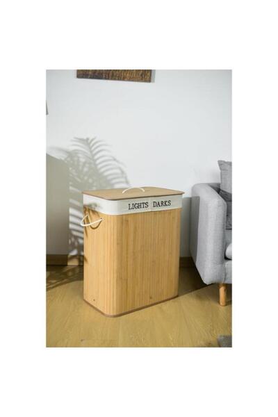 Generic HONEY BEE Dual Section Durable Bamboo Laundry Hamper with Lid Natural and White 2372