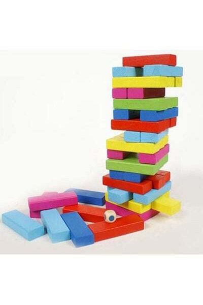 HALAMODO 48-Piece Wooden Coloured Tumbling Tower Toys With Dices 10x10x10cm