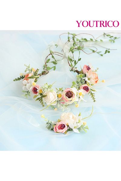 Youtrico Wedding Floral Wreath Bracelet Set Beach Vacation Bridal