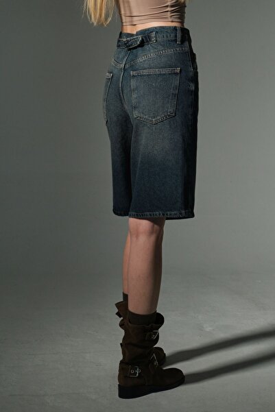 Maule Toka Detaylı Bol Kesim Rahat Baggy Jean Kot Salaş Kadın Bermuda Diz Altı Denim Şort @Casoria