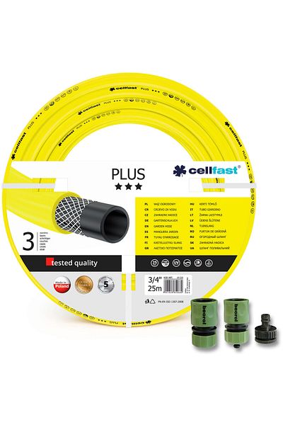 Cellfast Garden Hose, 3 Layers, Gift 2 Couplers, 1 Adapter, 3/4", 25 M, Plus