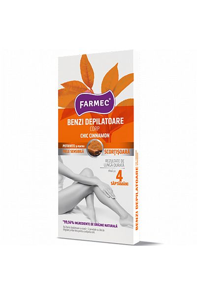 Farmec Body hair removal strips with cinnamon, 16 strips + 2 wipes, Farmec