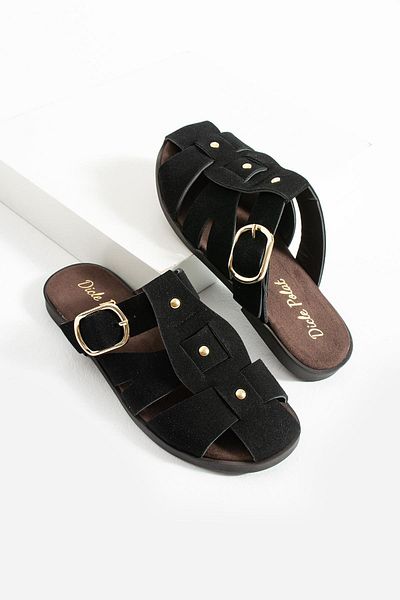 diclepolat Sarra Black Suede Belt Detailed Flat Sole Women's Slippers