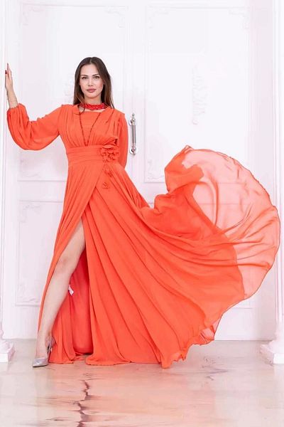 lodmela Evening Dress with Neckline and Floral Detail 2740-Orange