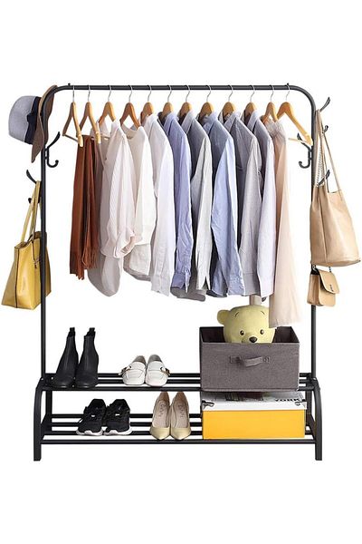 COOYA Metal Clothes Hanger With Storage Shelves, Hooks, 110x54x150cm, Organizer for Hanging Clothes