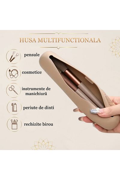 Salestore Carcasă portabilă din silicon pentru pensule de machiaj, închidere magnetică, sistem de spălare a pensulelor, organizator de călătorie, culoare bej