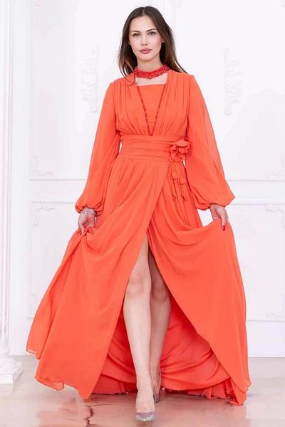 lodmela Evening Dress with Neckline and Floral Detail 2740-Orange