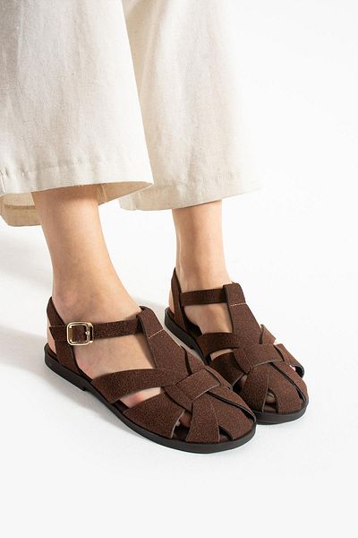 diclepolat Carla Brown Suede Buckle Detailed Flat Sole Women's Sandals