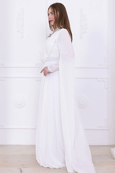 lodmela Kol Pelerinli Yaka İşleme Detaylı Abiye Elbise 2745-Beyaz