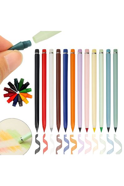 Salestore Set de 12 creioane fără ascuțire cu radieră, vârf detașabil HB, plastic ecologic, durabil, 17 cm, multicolore