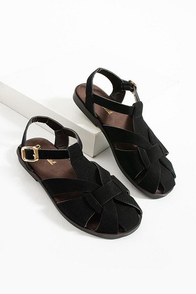 diclepolat Carla Black Suede Buckle Detailed Flat Sole Women's Sandals