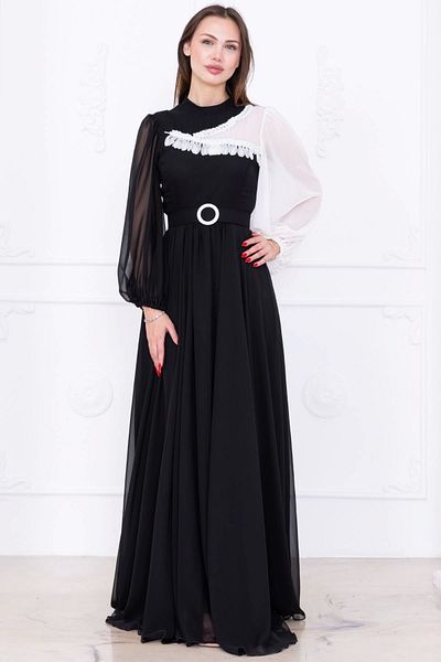 lodmela Chiffon Evening Dress with Neckline and Sleeve Detail 2744-Black