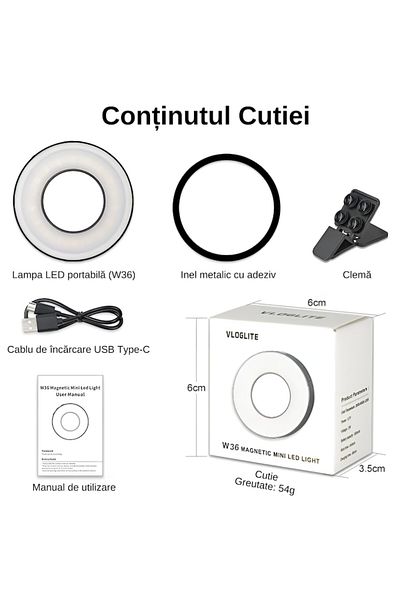 Salestore Lampă LED portabilă de 8 cm, 2 W, cu clips/suport magnetic, 3 moduri de iluminare, reglabilă, oglindă, pentru machiaj și video