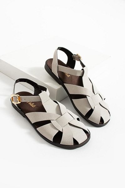 diclepolat Carla Gray Suede Buckle Detailed Flat Sole Women's Sandals
