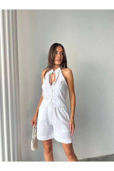 AÈC PRIVÈ Women's New Season Trend Premium Quality 100% Cotton Linen Blouse Shorts Double Set 7777