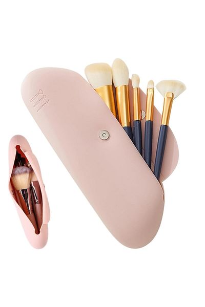 Salestore Organizator de pensule de machiaj din silicon, închidere cu clic, portabil și impermeabil, roz, 23x17.5x8.5cm