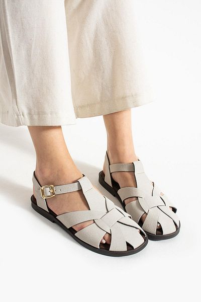 diclepolat Carla Gray Suede Buckle Detailed Flat Sole Women's Sandals