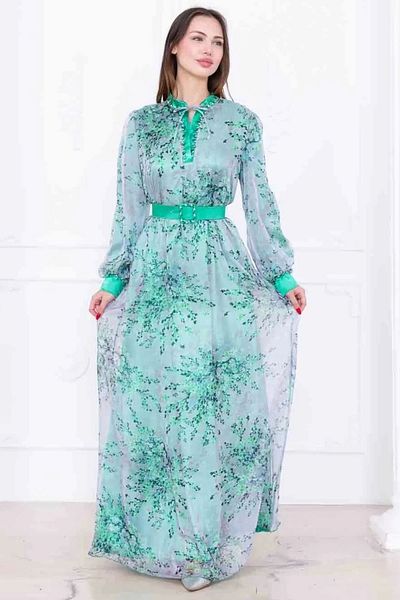 lodmela Chiffon Dress with Collar Tie Detail and Beaded Embroidery 2735-Green