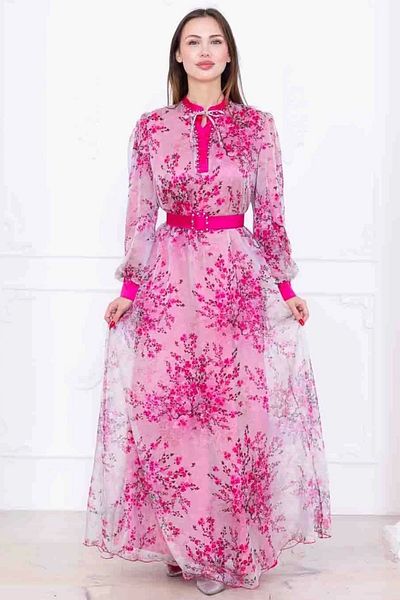 lodmela Chiffon Dress with Beaded Detail and Neck Tie Detail 2735-Fuchsia