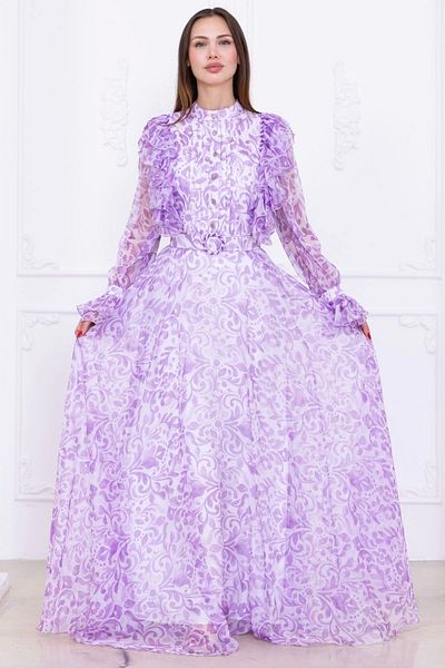 lodmela Ruffle Detail Front Pleated Beaded Chiffon Evening Dress 2734-Lilac