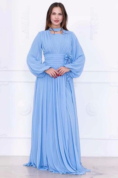 lodmela Evening Dress with Neckline and Flower Detail 2740-Baby Blue