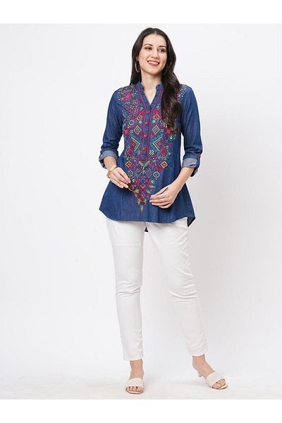 HashtagBe Featuring denim blue tunic with multi coloured thread embrodery