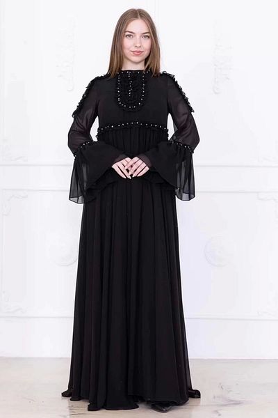 lodmela Ruffle Detailed Beaded Chiffon Evening Dress 2730-Black