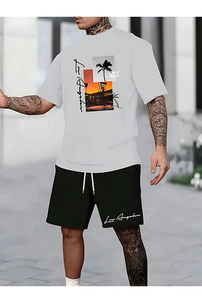 PENTHİLUS Men's 2-Piece Suit, Comfortable Round Neck Short Sleeve T-Shirt and Shorts, Polyester