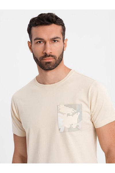 OMBRE Herren-Baumwoll-T-Shirt mit bedruckter Tasche - Creme V3 OM-TSPT-0228 S