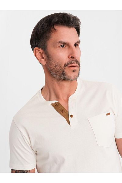 OMBRE Herren T-Shirt mit Knopfleiste am Ausschnitt und Wildlederbesatz - weiß V1 OM-TSCT-0206 L