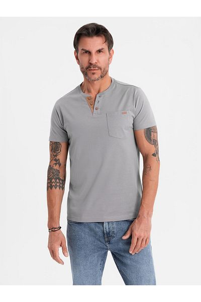 OMBRE Herren T-Shirt mit Knopfleiste am Ausschnitt und Wildlederbesatz - grau V3 OM-TSCT-0206 L