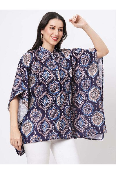 HashtagBe Kaftan shirt with front button placket in indigo print