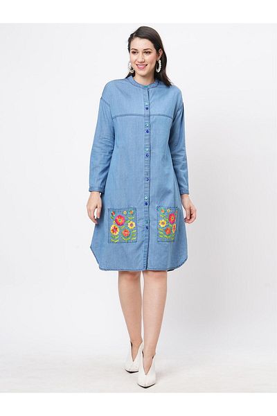 HashtagBe Featuring soft denim with front button shirt dress and embroidered pockets