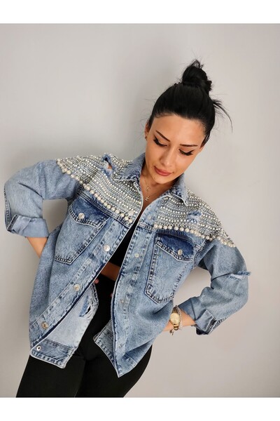 RENGARENG Kadın Tasarım Denim Ceket Taş İnci Ve Zincir Ön Arka İşleme Detaylı...