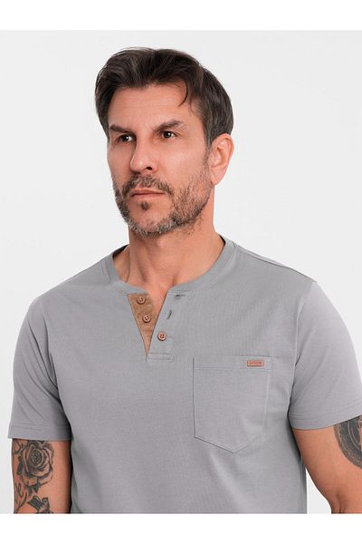 OMBRE Herren T-Shirt mit Knopfleiste am Ausschnitt und Wildlederbesatz - grau V3 OM-TSCT-0206 L