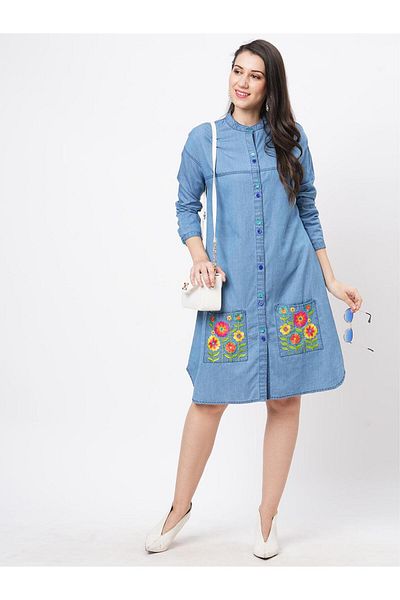 HashtagBe Featuring soft denim with front button shirt dress and embroidered pockets