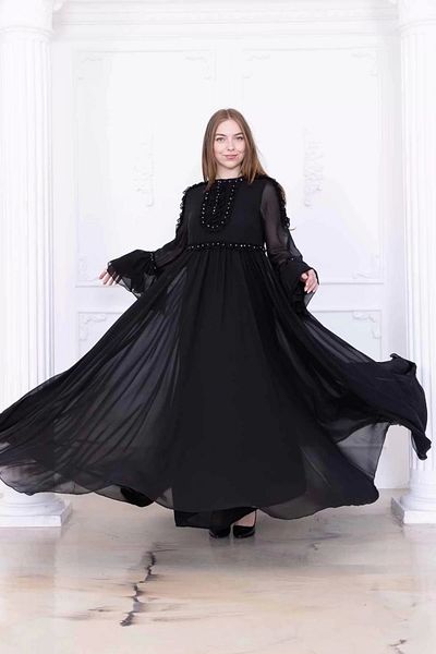 lodmela Ruffle Detailed Beaded Chiffon Evening Dress 2730-Black