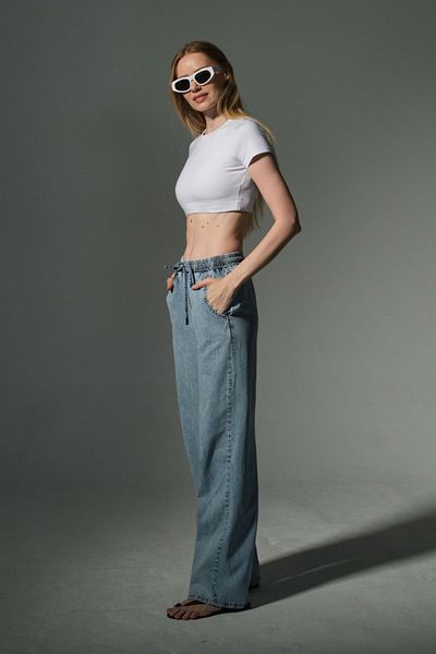 Maule Elastic Waist, Relaxed Fit, 100% Cotton Jean Women's Palazzo Pants @Aveiro