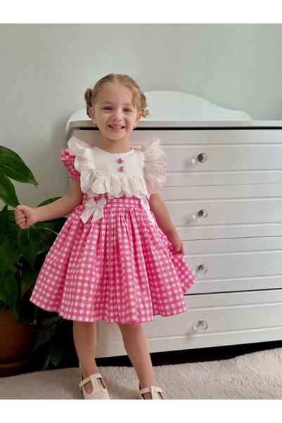 Hly Karol Tasarım Laurel Pink Plaid Vintage Baby Girl Dress,Birthday Dress,Photo Shoot Dress,Suitable for 0-7 Years