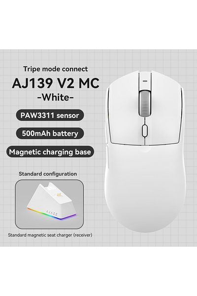 Ajazz ماوس ألعاب لاسلكي AJ139 V2 MC-White من AJAZZ AJ139 V2 MC PAW3311 مع قاعدة شحن مغناطيسية RGB 24
