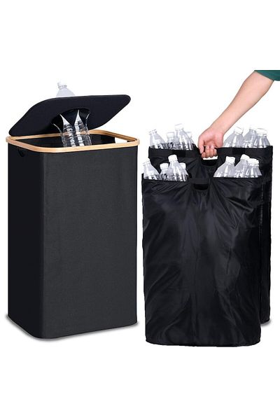 SMARTECH Bottle Recycling Bin with 2 Bags, Bamboo and Textile, Waterproof